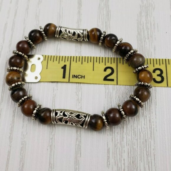 Tigers Eye Stone Bead Stretch Bracelet Silver Tone - Picture 3 of 3
